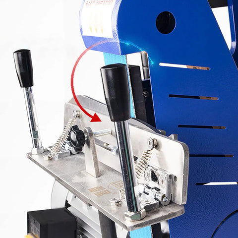 Heavy Duty Stainless Steel Handheld Knife Sharpener Jig With Adjustable Angle Grinding Workbench and Belt Sander Mount setup close-up of adjusting knobs.