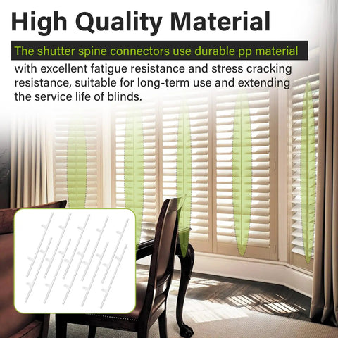 Solid As A Rock Shutter Repair Slider Connectors Set Of Ten With Smooth Glide Fit For Hunter Douglas Polysatin And Summerwind Shutters in PP plastic, shown in use with plantation shutters.