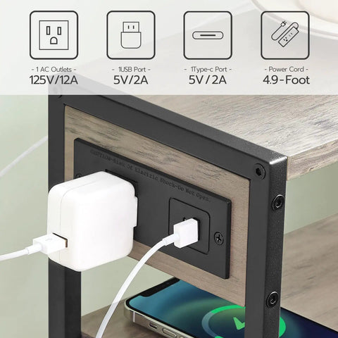 Slim Narrow Side Table With Charging Station And USB Ports Type C Space Saver, power outlets and phone charging view