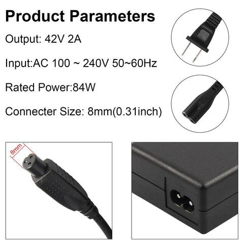 42V 2A 3 Prong Fast Charger Inline Connector For 36V Electric Scooters And Lithium Batteries With 100 240VAC Input Safe Overcurrent And Voltage Protection No Fuss Plug And Play