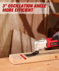 Side view of AVID Power oscillating tool in red and silver cutting wood with blade installed