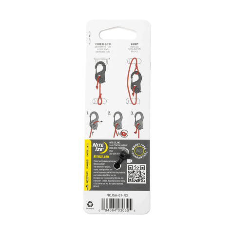 Back packaging of Beefy Aluminum Rope Tightener With Cam Lock And Quick Release showing instructions for outdoor gear use.