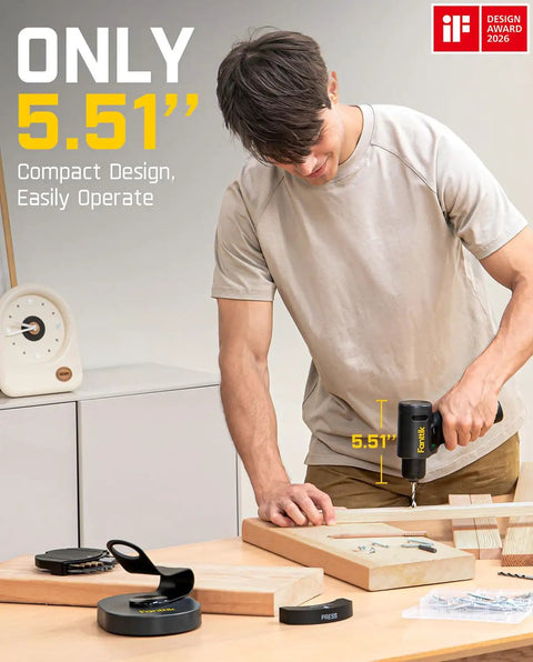 Ultra Cordless Drill Driver With 3/8 Inch Keyless Chuck, Brushless Beast Power Motor, man using drill on wood project