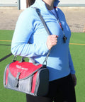 Sports first aid kit duffel bag, red with gray panels, shoulder strap