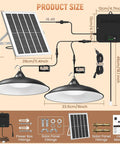 Diagram showing size and components of Solar Shed Light With Dual Lamps, 2000LM Outdoor Indoor Pendant Lighting, Pull String Control.