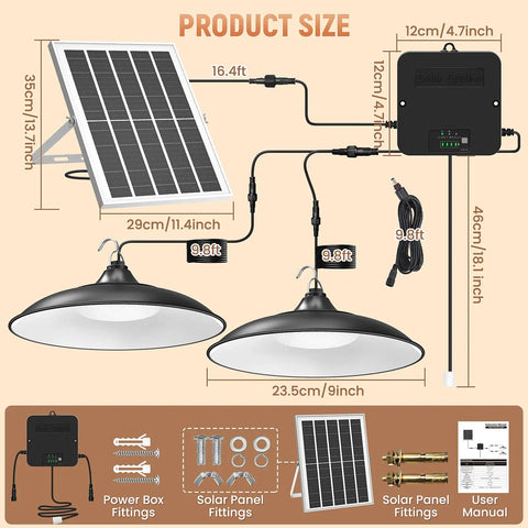 Diagram showing size and components of Solar Shed Light With Dual Lamps, 2000LM Outdoor Indoor Pendant Lighting, Pull String Control.