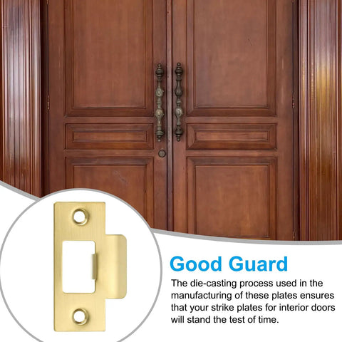 Gold Stainless Steel Door Strike Plate T Strike Backplate With Screws For Interior And Exterior Doors shown on wooden door