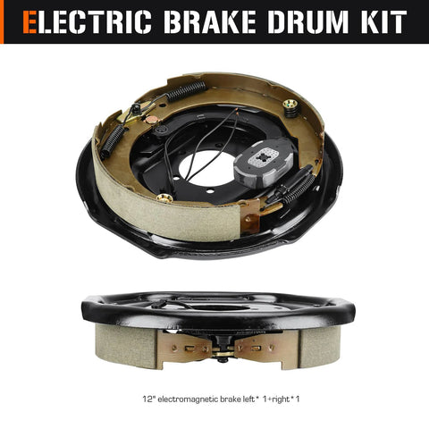Front view of 12-inch electric trailer brake kit for left and right sides with brake shoes and magnets.