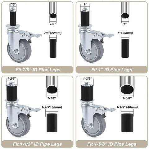 Heavy Duty Prep Table Rollers Set Three Inch Expanding Stem Casters With Brakes compatible with various ID pipe leg sizes.