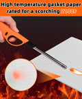 7x10 inch high-temperature gasket paper, 1/8 inch thick ceramic-fiber material for stoves and furnaces; orange-handled hot knife cutting it