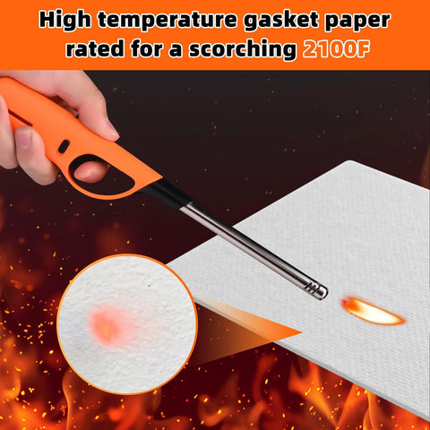 7x10 inch high-temperature gasket paper, 1/8 inch thick ceramic-fiber material for stoves and furnaces; orange-handled hot knife cutting it