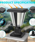 Solar Post Light Fixture 160LM Dusk To Dawn LED 3000K with specifications on solar panel, battery, lamp cover, and base.