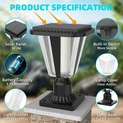 Solar Post Light Fixture 160LM Dusk To Dawn LED 3000K with specifications on solar panel, battery, lamp cover, and base.