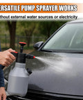 Heavy Duty Two Liter Hand Pump Foam Sprayer For Car Washing And Mobile Detailing Built From Tough As Nails Plastic in use on a car.