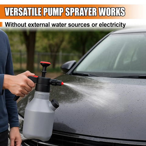 Heavy Duty Two Liter Hand Pump Foam Sprayer For Car Washing And Mobile Detailing Built From Tough As Nails Plastic in use on a car.