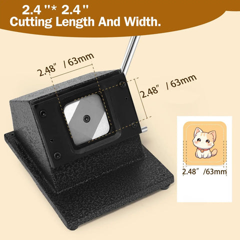 Heavy Duty 2.48 Inch Square Paper Punch Die Cutter for Paper and Photos, showing 63mm cutting dimensions and example cutout