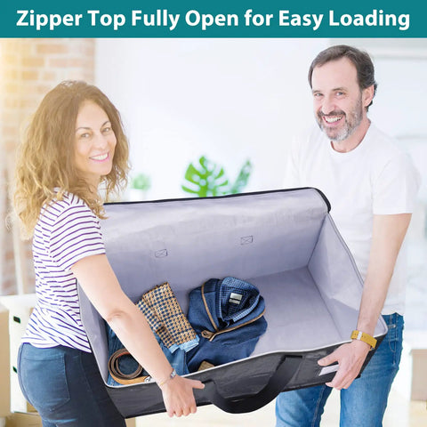 Heavy Duty Collapsible Moving Bags 93L 8-Pack With Strong Zippers And Durable Handles open with clothing inside