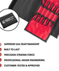 5 Piece Spring Loaded Woodworking Kit No Hammer Needed With Nail Starters Chisel Center Punches Self Centering Punch Compact Hammerless Tools In Carrying Pouch Made In USA Carbon Steel displayed with features list