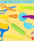 Toy dough tool set for kids, 9-piece colorful plastic tools including cutters, rollers, rolling pin, and scissors