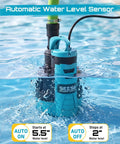 Automatic Submersible Water Pump With Smart Float Switch Delivers 5548 GPH High Flow For Yard Basement Pond Removal Plus Sump Jobs Heavy Duty 1HP, floating in clear water with visible sensor.