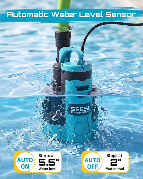 Automatic Submersible Water Pump With Smart Float Switch Delivers 5548 GPH High Flow For Yard Basement Pond Removal Plus Sump Jobs Heavy Duty 1HP, floating in clear water with visible sensor.