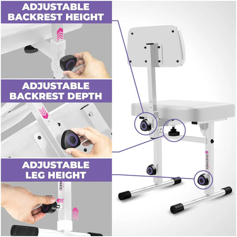 White Adjustable Piano Bench With Backrest For Digital And Electric Pianos, showing height, depth, and leg adjustments, rubber feet