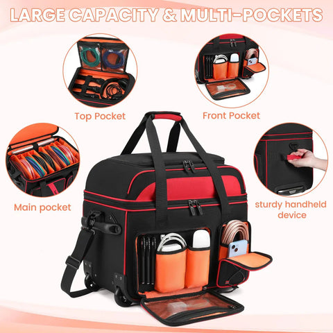 Rolling DJ Gear Bag With Wheels For Equipment, Fits 15.6 Inch Laptop, Padded Dividers, Multiple Pockets, Easy Roll Gig Bag