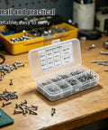 Open case of Self Tapping Screw Variety Pack For Wood And Metal Projects Round Head M2 Carbon Steel Tech Screws Kit on workbench