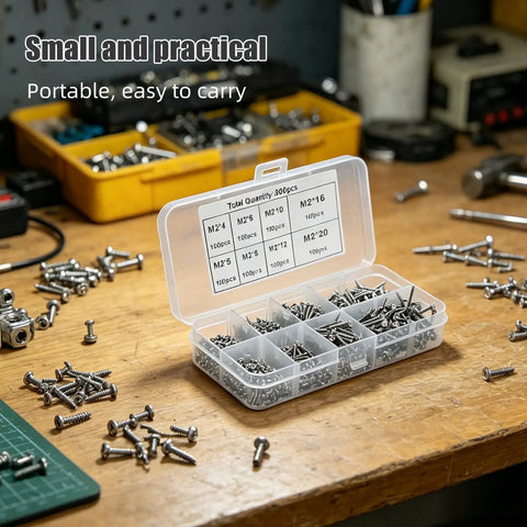 Open case of Self Tapping Screw Variety Pack For Wood And Metal Projects Round Head M2 Carbon Steel Tech Screws Kit on workbench