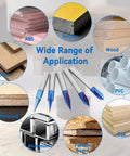 Heavy Duty CNC Wood Carving Router Bits Set Featuring Five Slick Nano Coated V Shape Engraving Tools And Straight Cutting Edges with various materials.