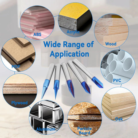Heavy Duty CNC Wood Carving Router Bits Set Featuring Five Slick Nano Coated V Shape Engraving Tools And Straight Cutting Edges with various materials.