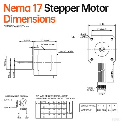 Diagram showing dimensions and wiring for 5 Pack Nema 17 Stepper Motors Bipolar 2 Phase Dope Torque For DIY Builders with 4-wire leads.