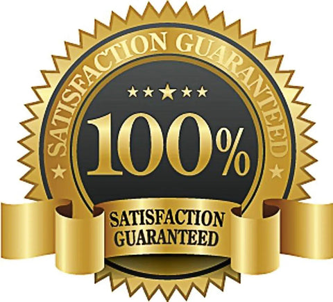 Gold emblem with "100% Satisfaction Guaranteed" text and ribbon design