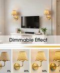 PENACINY Battery Operated Rattan Wall Sconces Set of 2 showing dimmable options with golden accents and rattan shades.