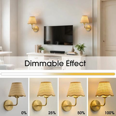 PENACINY Battery Operated Rattan Wall Sconces Set of 2 showing dimmable options with golden accents and rattan shades.