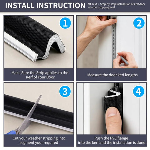 Step-by-step installation guide for 40 Ft Heavy Duty Kerf Weatherstrip Door Seal With Memory Foam Soundproof Insulation.