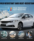 Honda Civic 4-Door Sedan shown with weather icons, highlighting cold and heat resistance, compatible with 2012-2015 weather stripping trim.