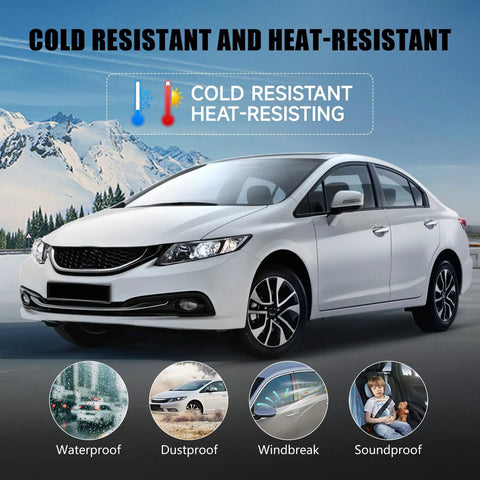 Honda Civic 4-Door Sedan shown with weather icons, highlighting cold and heat resistance, compatible with 2012-2015 weather stripping trim.