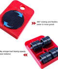 Heavy Duty Furniture Lifter And Roller Set Four Piece showing 360-degree rotating pads and rollers in red casing.