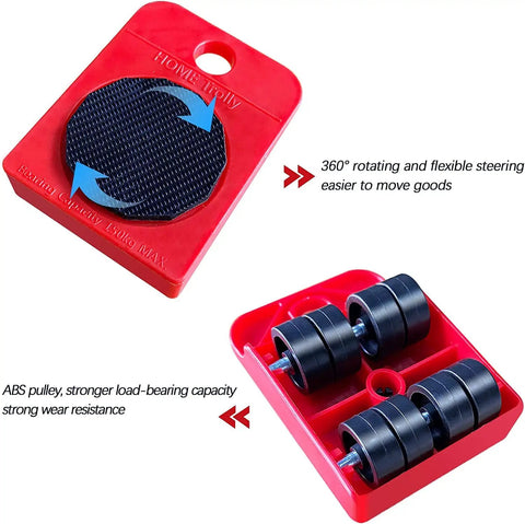 Heavy Duty Furniture Lifter And Roller Set Four Piece showing 360-degree rotating pads and rollers in red casing.