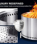 Smokeless 28 Inch Fire Pit With Stand And Grill Rack for backyard fun, stainless steel design details with flames and ash pan.