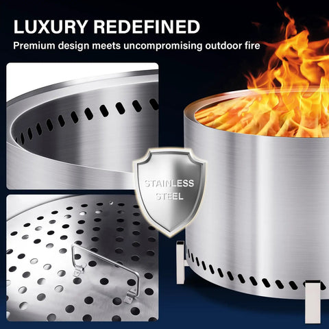 Close-up of 27.5 Inch Smokeless Fire Pit With Stand And Grill Rack Large Stainless Steel Wood Burning Outdoor Patio Stove.