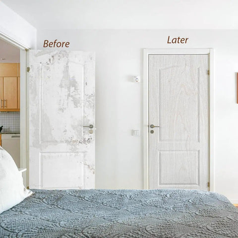 Before and after view of a door using Wood Grain Peel And Stick Contact Paper For Cabinets And Drawers, Waterproof Self Adhesive Vinyl Wallpaper For Furniture, Easy To Install And Clean, 17.7 By 118 Inches, 45 By 300 Cm.