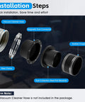 Installation steps for Heavy Duty 4 Inch Magnetic Dust Collection Fittings for Shop Vacuums and Woodworking Shops, showing components and assembly.