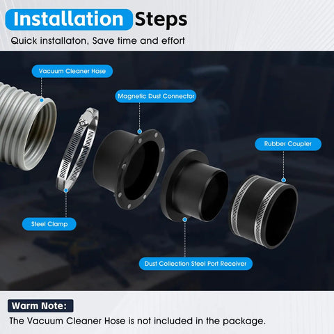 Installation steps for Heavy Duty 4 Inch Magnetic Dust Collection Fittings for Shop Vacuums and Woodworking Shops, showing components and assembly.