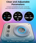 Close-up of Vibe P108 Pro RGB Video Light with LCD screen displaying settings for cameras, ideal for content creators.