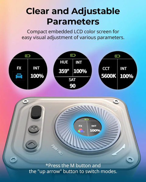 Close-up of Vibe P108 Pro RGB Video Light with LCD screen displaying settings for cameras, ideal for content creators.