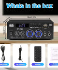 Two Channel 450W Bluetooth 5 Point 0 Home Audio Amplifier Receiver with accessories shown: power cable, FM antenna, remote, instructions.