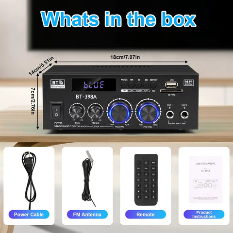 Two Channel 450W Bluetooth 5 Point 0 Home Audio Amplifier Receiver with accessories shown: power cable, FM antenna, remote, instructions.