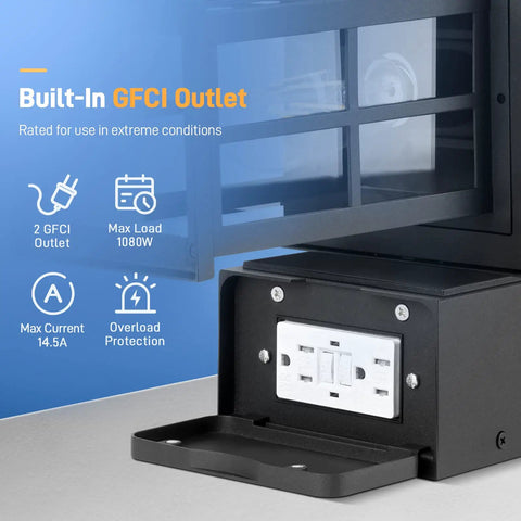 Close-up of Porch Lights With Outlet GFCI Motion Sensor Outdoor Wall Light with built-in GFCI outlet and overload protection